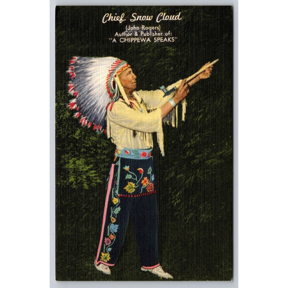 Vintage 1950s Chief Snow Cloud John Rogers Chippewa Speaks Linen Postcard CA